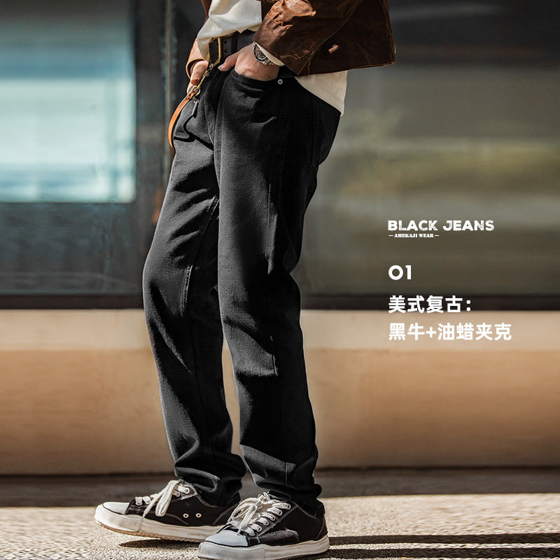 #MD-TW2107125# 美式複古純黑色中腰牛仔褲水洗顯瘦