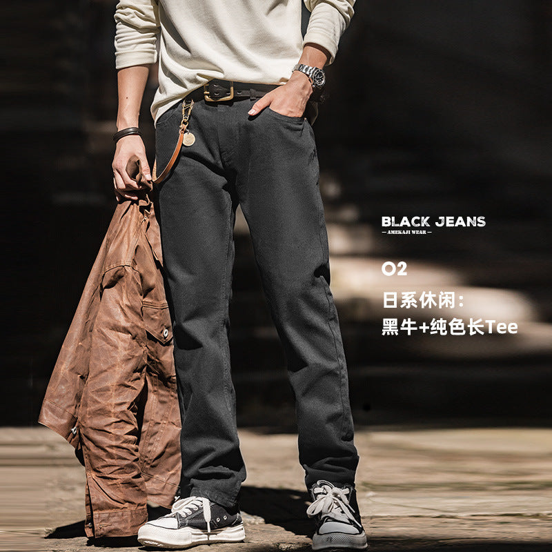 #MD-TW2107125# 美式複古純黑色中腰牛仔褲水洗顯瘦