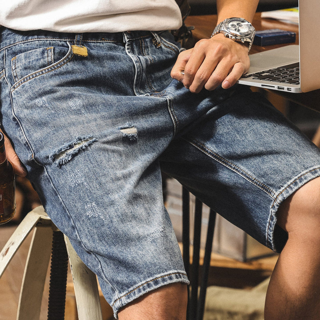 #HLK-8630-2-ST#美式復古破洞牛仔短褲